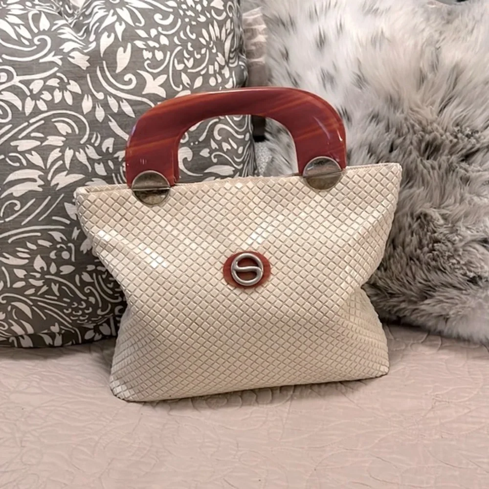 Vintage Lumured Women’s Mesh Clutch Satchel Lucite Handle Tote Bag Purse